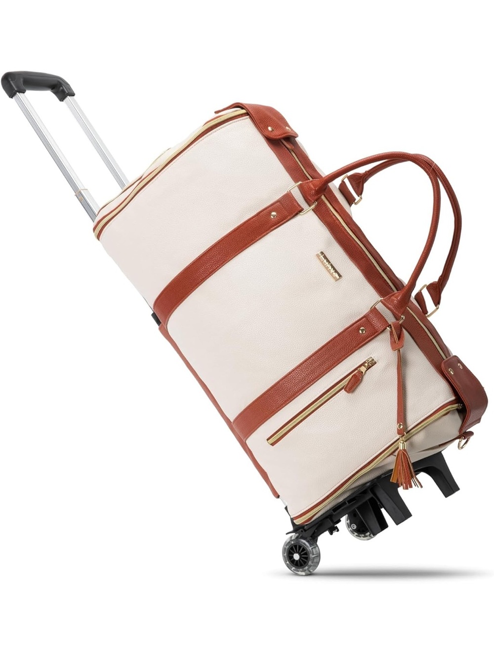 Cream and Cognac Rolling Weekender Duffel